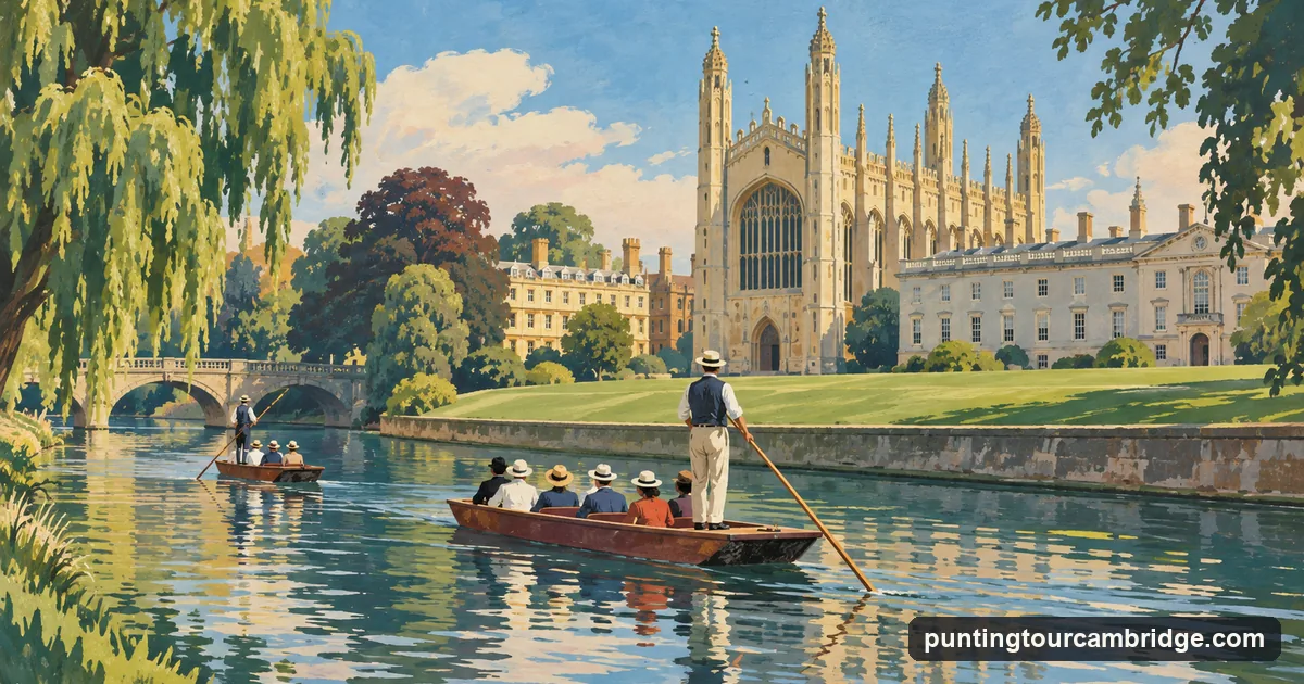 Illustration: a shared punt with a chauffeur passing King's College Chapel on the River Cam