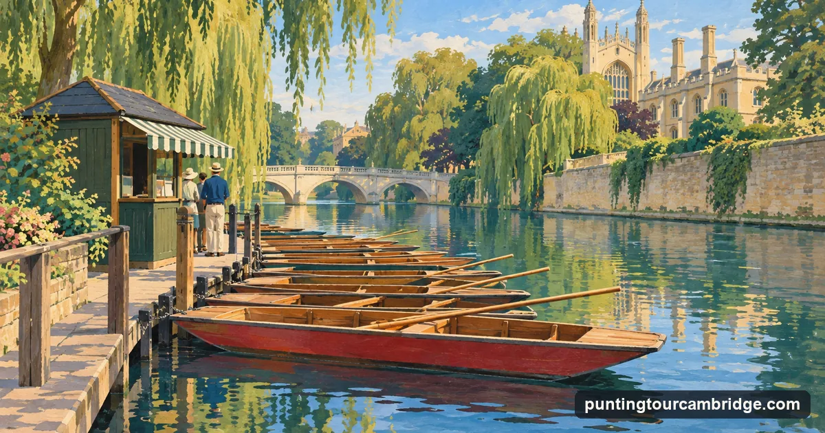 Illustration: a ticket hut beside a row of moored wooden punts on the River Cam