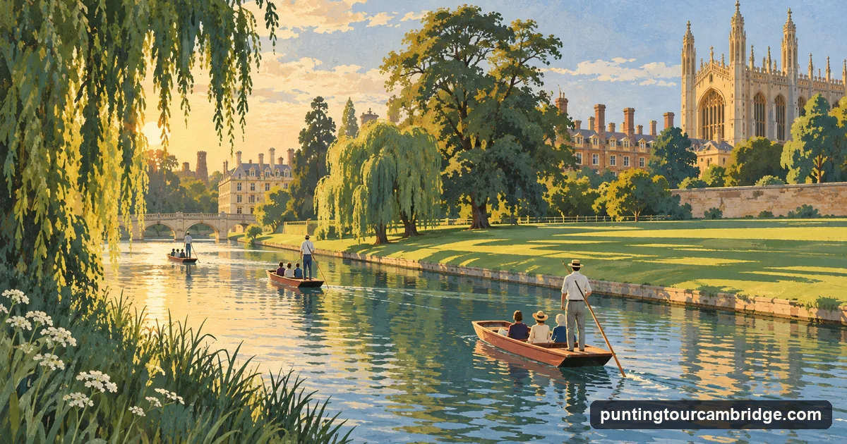 Illustration: a line of punts along the River Cam on the Backs in late-afternoon light