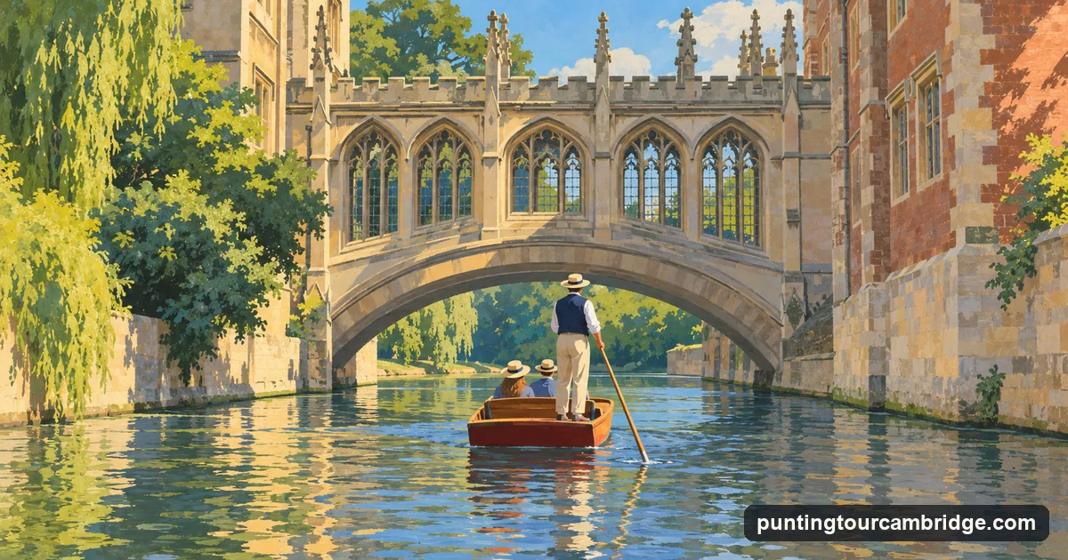 Illustration: a punt passing under a covered Gothic stone bridge on the River Cam