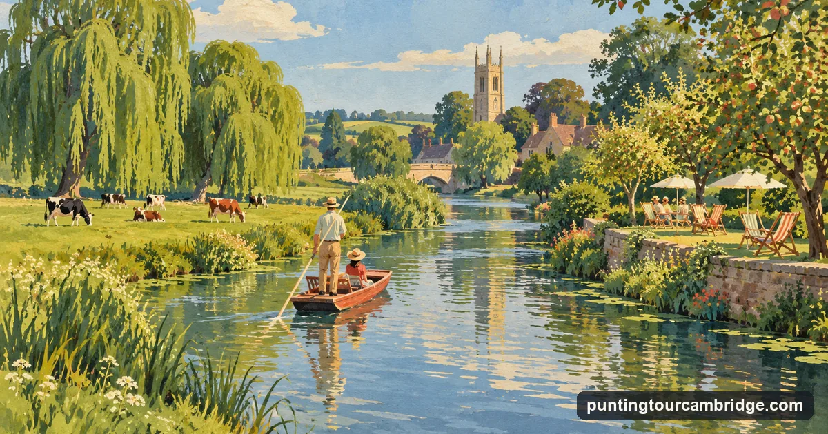 Illustration: a punt on the upper River Cam passing meadows on the way to Grantchester, with a tea garden of deckchairs