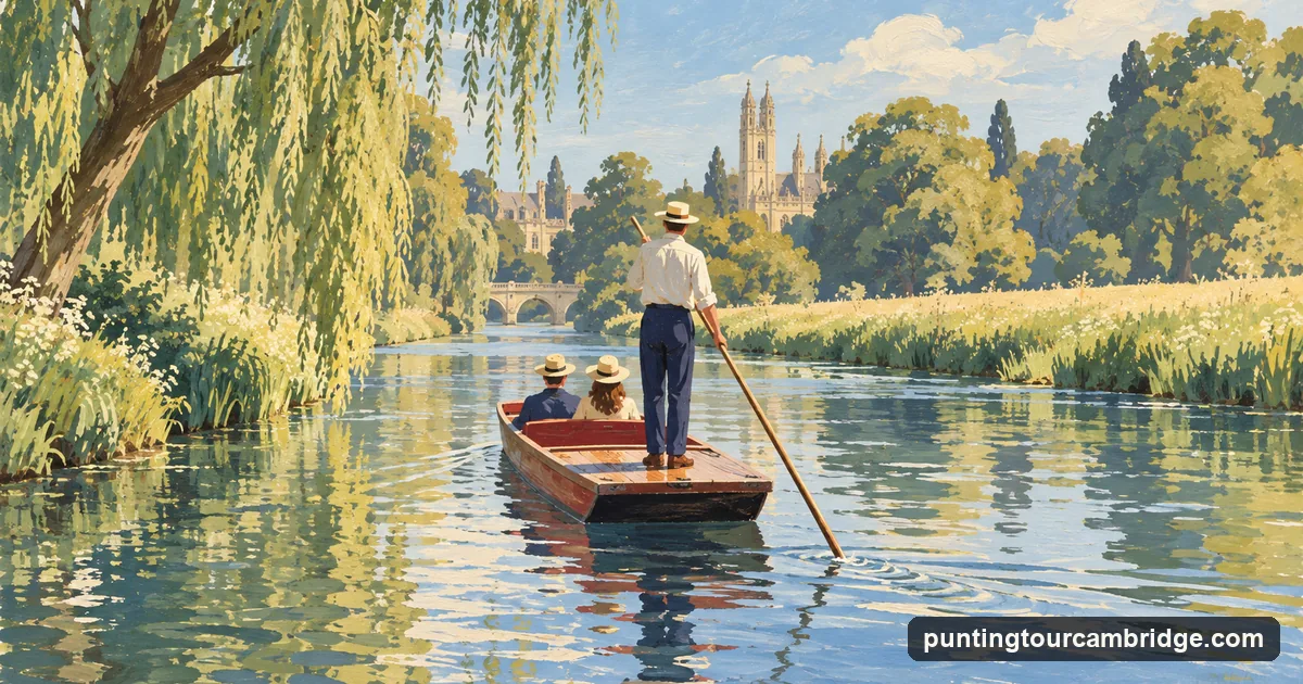 Illustration: a person standing at the back of a hired punt pushing a long pole on the River Cam